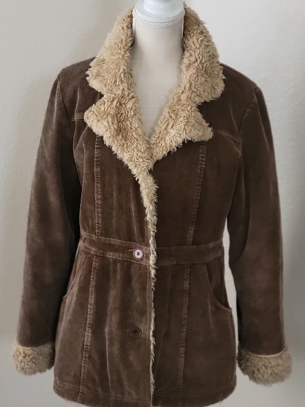 Vintage STATIC Corduroy Faux Fur Jacket Brown Quilted Lined Penny Lane Size L